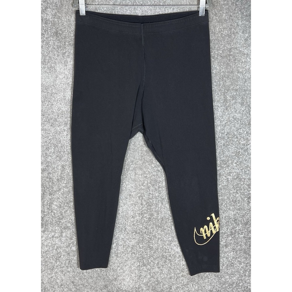 Nike Pull On High Rise Ankle Leggings Womens Size 1X Black Gold SPELLOUT Swoosh